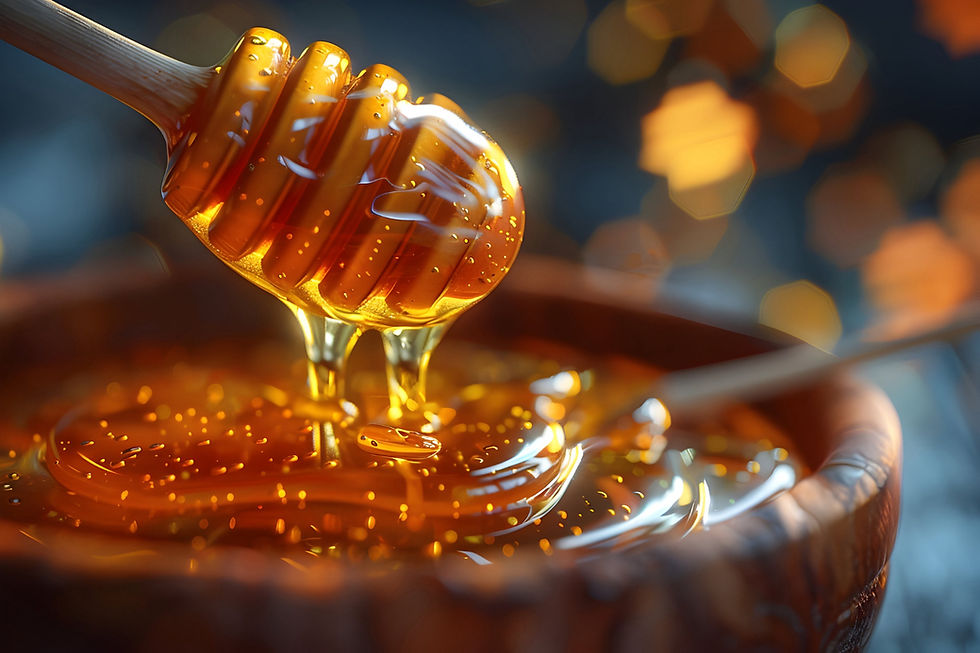 Honey drips from a wooden dipper into a bowl, creating a rich, golden swirl. Warm light and bokeh effect in the background.