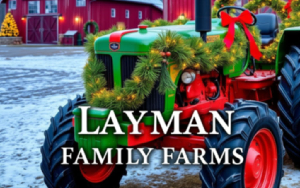 Christmas decorated tractor with a barn in the background and Layman Family Farms typed in