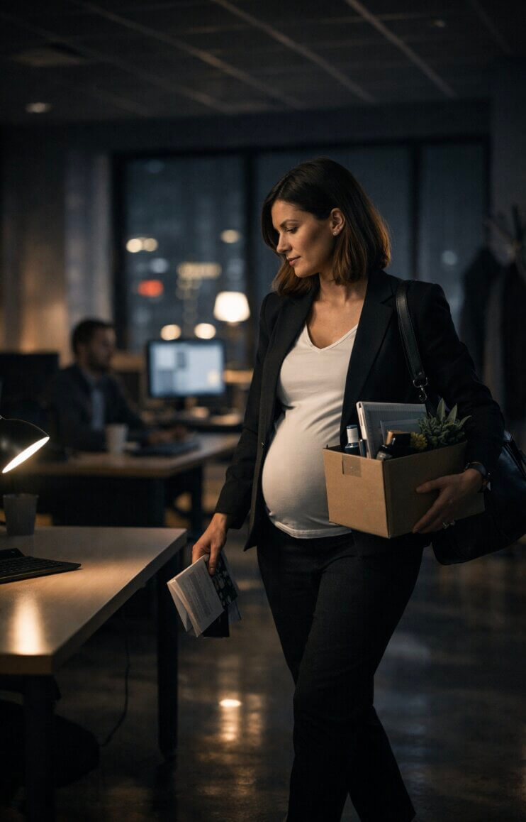 Femme enceinte en costume, tenant carton et livre, marche dans bureau sombre; ambiance professionnelle, éclairage tamisé.