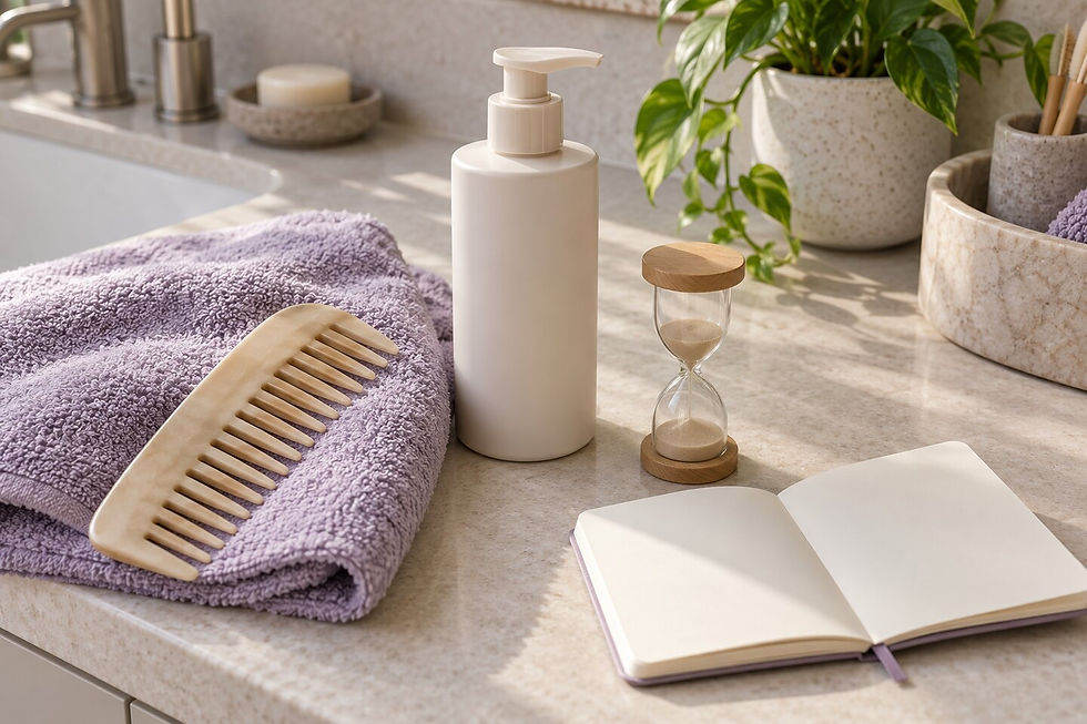 Serviette, peigne large et sablier disposés pour préparer le lavage