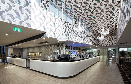 Bright café with patterned decor