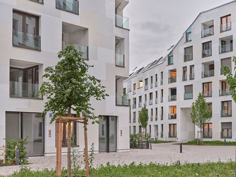 Frontansicht eines modernen Mehrfamilienhauses mit weißer Fassade, Balkonen und Straßenbäumen.