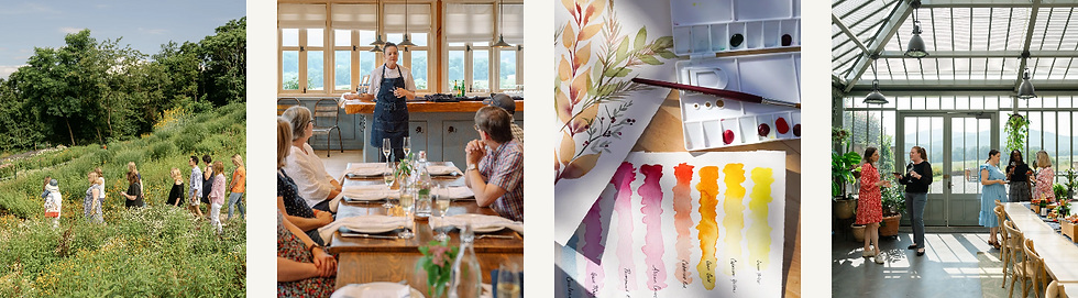 People walk in a lush garden, attend a cooking class, see a watercolor palette on a table, and chat in a sunlit, plant-filled room.