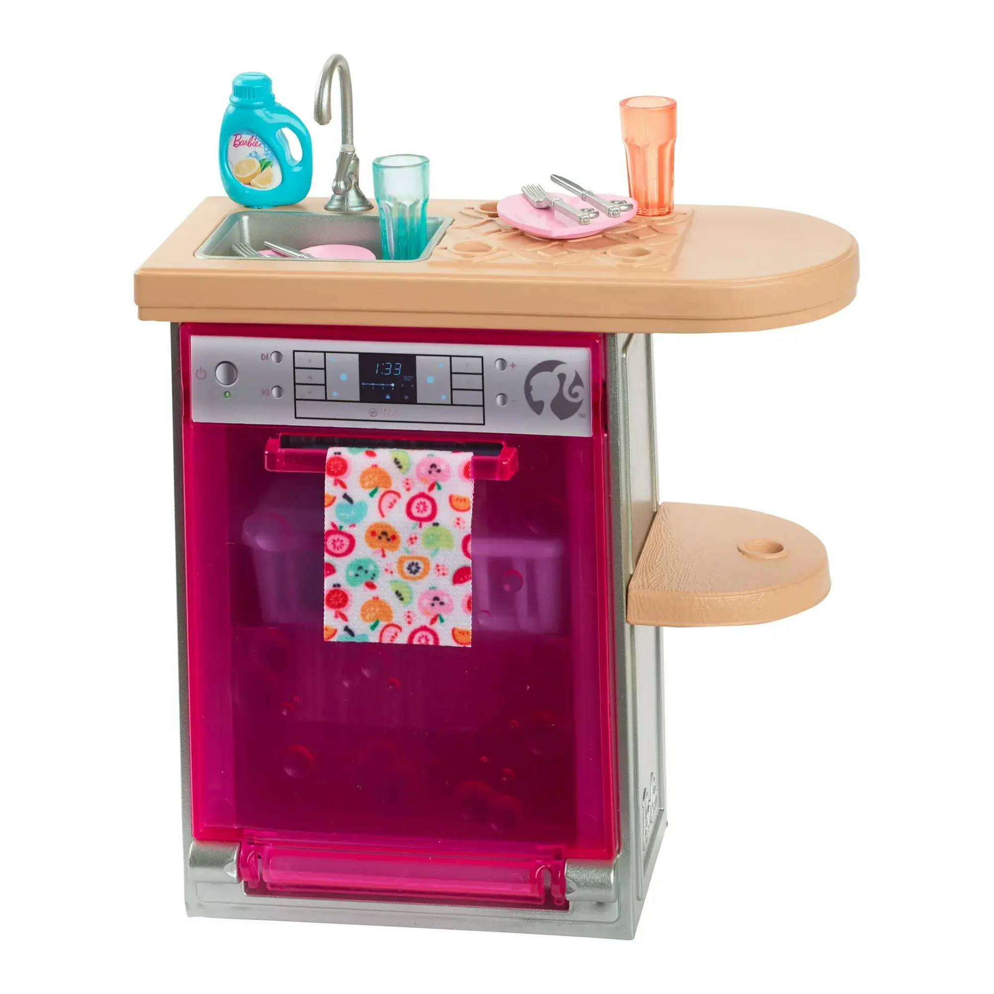 Đồ Chơi Barbie World Dishwasher Set Kitchen Plates Drying Rack