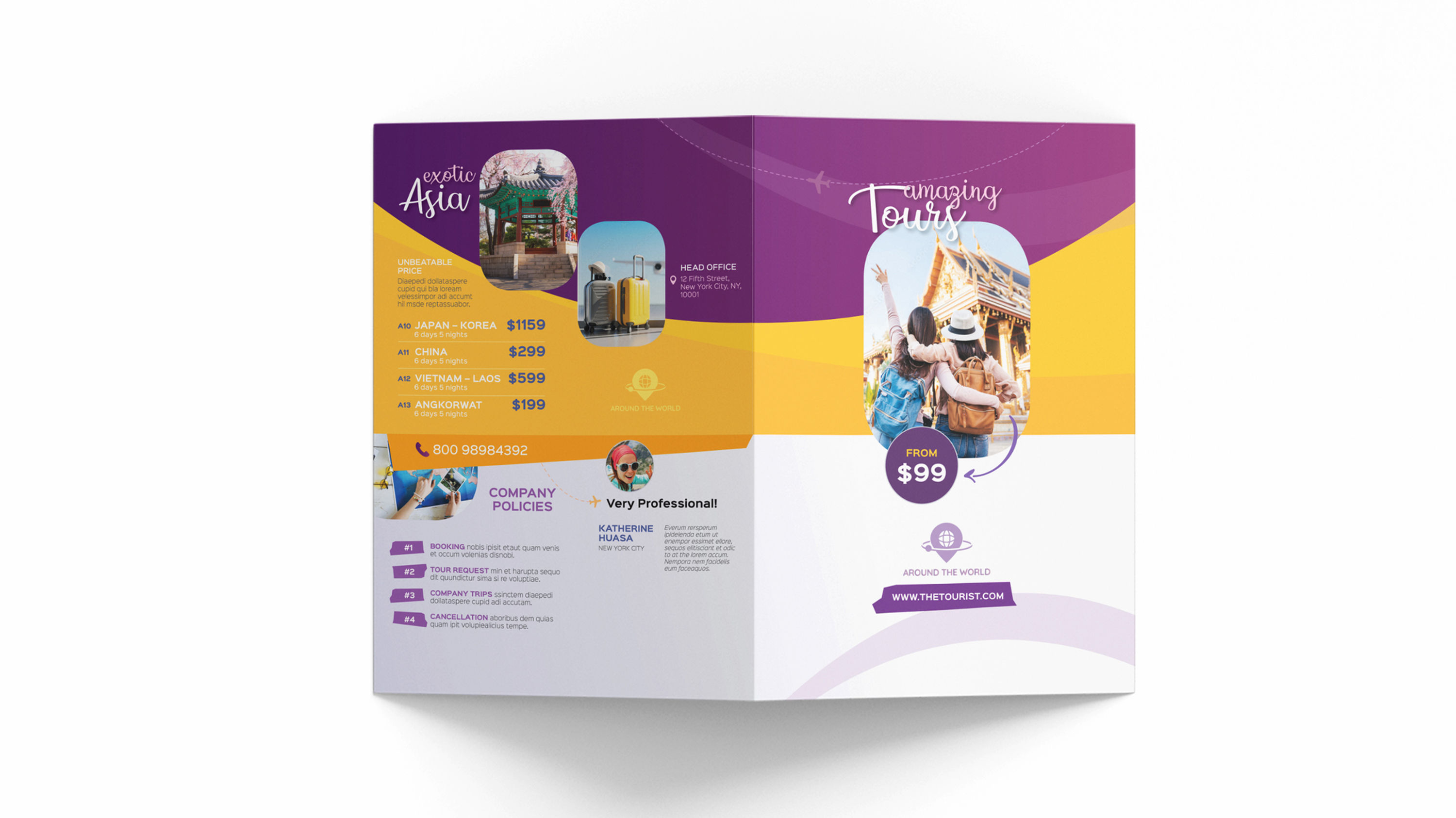 Travel Agency Bifold Brochure with Yellow and Violet Color Theme