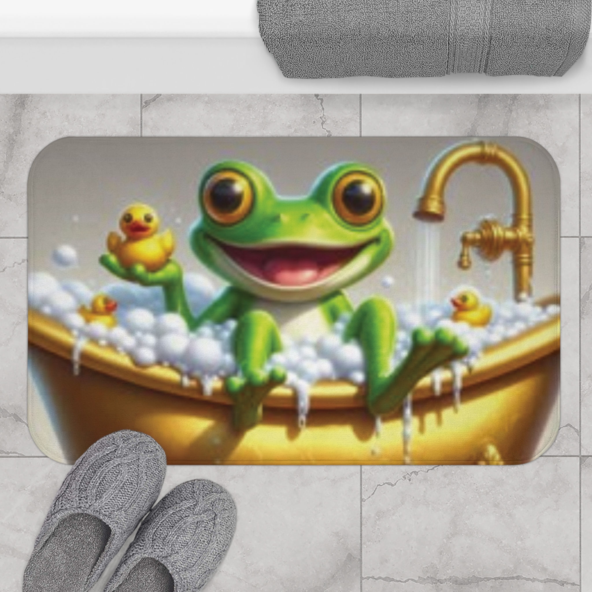 Playful Frog Bath Mat with Rubber Ducks - Fun Bathroom Decor