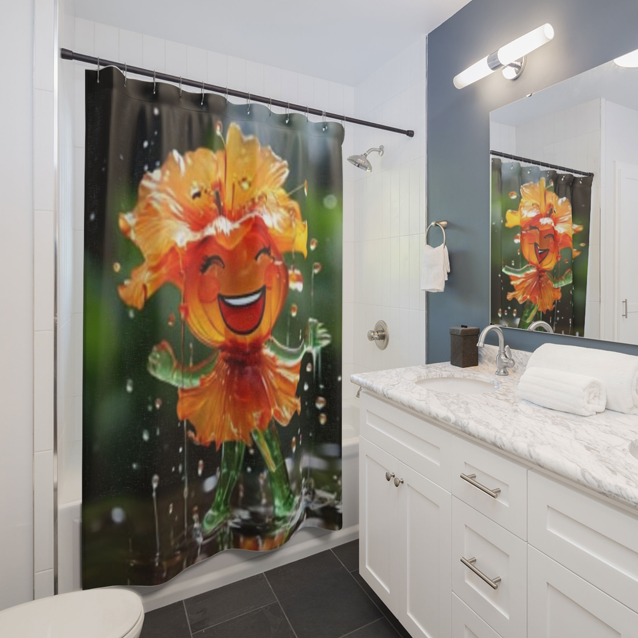 Happy Waterflower Shower Curtain — Cheerful Smiling Flower Bathroom Decor