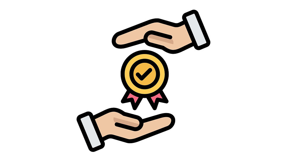 An icon representing commitment to quality and best practices. The image features two hands, one above and one below, surrounding a gold medal with a checkmark in the center and red ribbons at the bottom. This symbolizes protection, support, and assurance of high standards and excellence. The design uses bold, clean lines and vibrant colors to convey reliability and professionalism.