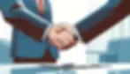  Illustration of two businesspeople shaking hands over a table with a contract and pen, symbolizing a successful partnership and agreement in a professional setting.