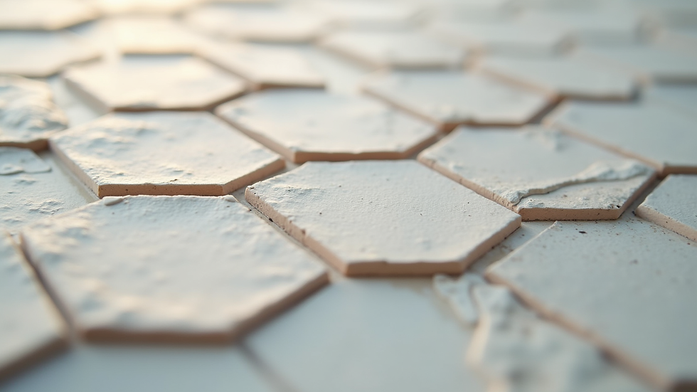 Close-up view of hand cut geometric tiles arranged in a hexagonal pattern