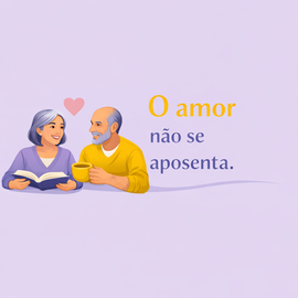Ilustração minimalista representando trabalho e conexões humanas, com laptop, livro e duas pessoas conversando, associada ao tema amor, maturidade e vida relacional.