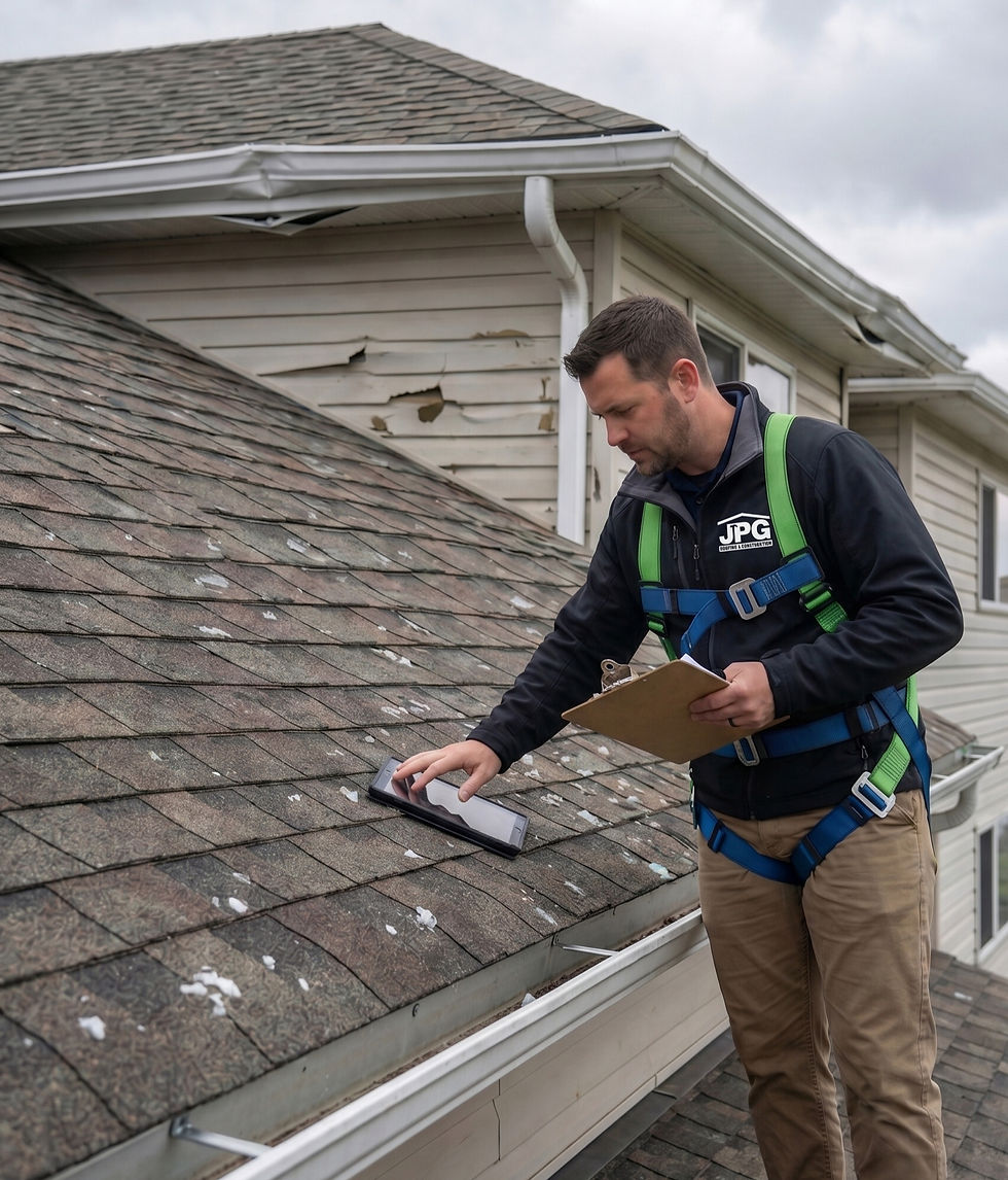 Man in safety harness inspecting a roof with tablet and clipboard. Wears dark jacket with "JPG" logo. Background shows damaged siding.