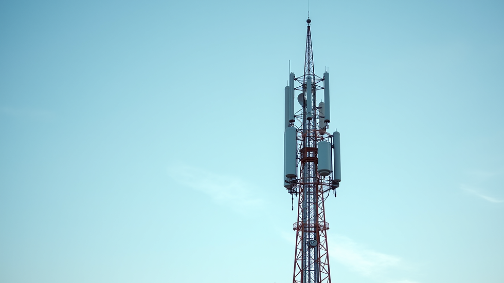 Close-up view of a modern telecommunications tower against a clear sky