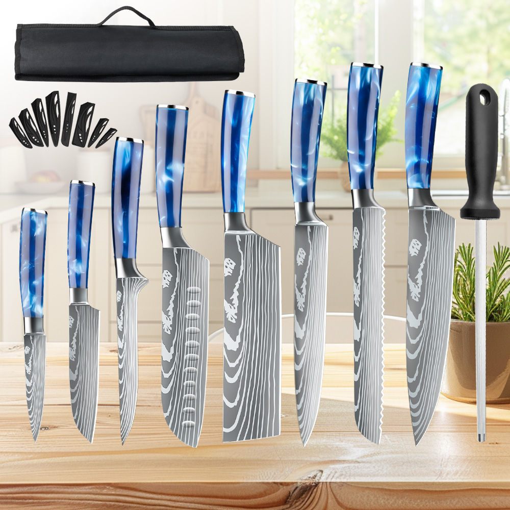 8PCS Utility Kitchen Knifes Resin Handle Carbon Steel Chef Knives Meat Cleaver F