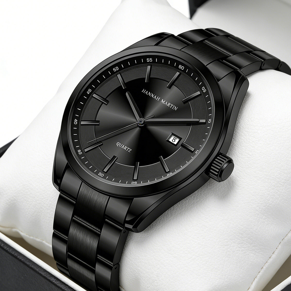 Hannah Martin Brand Men Watch Japanese Movement 40mm Case Black Stainless Steel