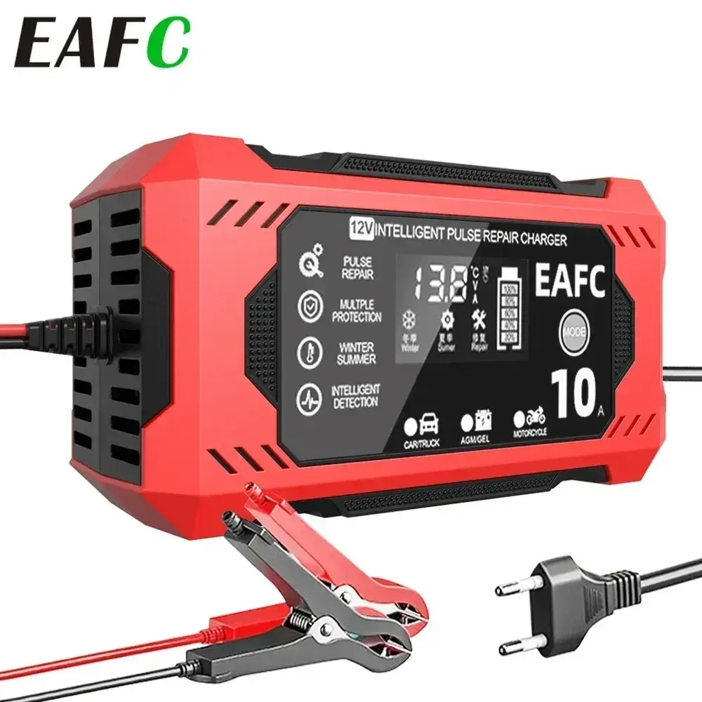 EAFC 12V 10A Car Battery Charger 6A Full Smart Charger Pulse Repair LCD Display