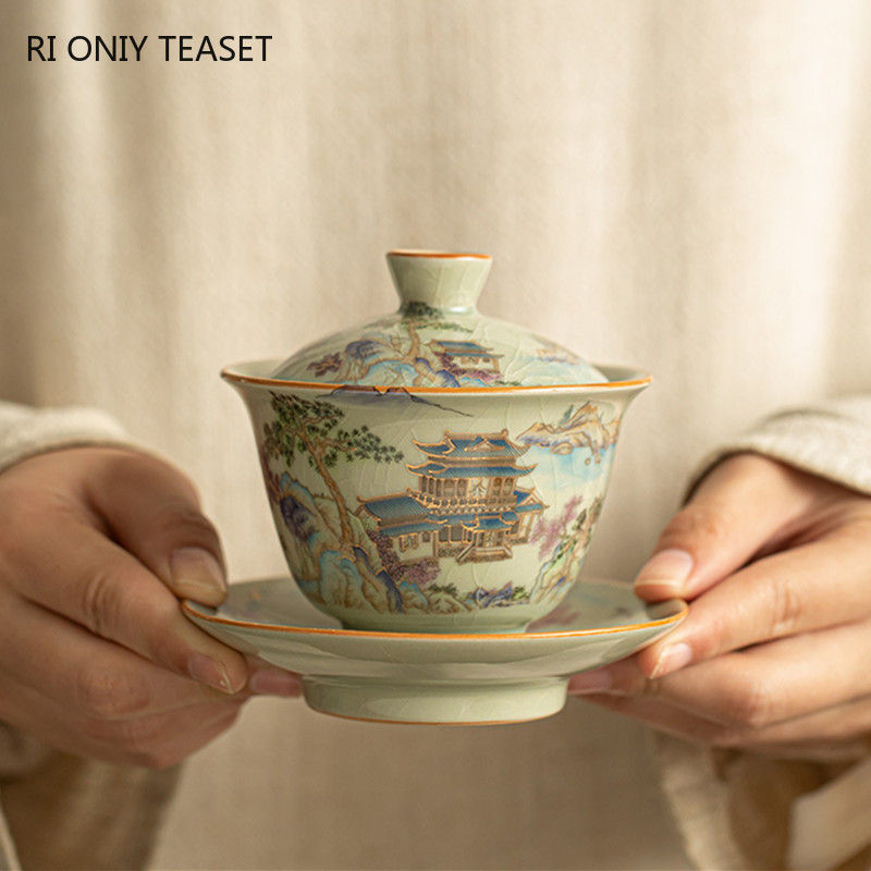 Chinese Ru Kiln Ceramic Gaiwan Teapot Handmade Landscape Tea Tureen Household Te