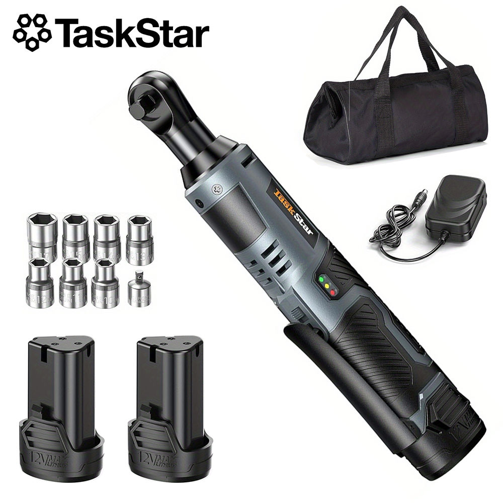 TaskStar 12V 3/8" Electric Ratchet Wrench Set w/ 2.0Ah Battery Rechargeable Angl