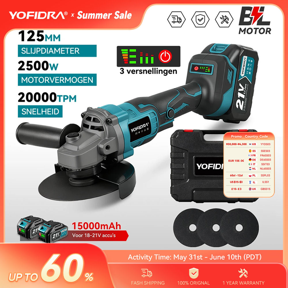 YOFIDRA 125mm Brushless Electric Angle Grinder 20000RPM 3 Speeds Wood Grinding P