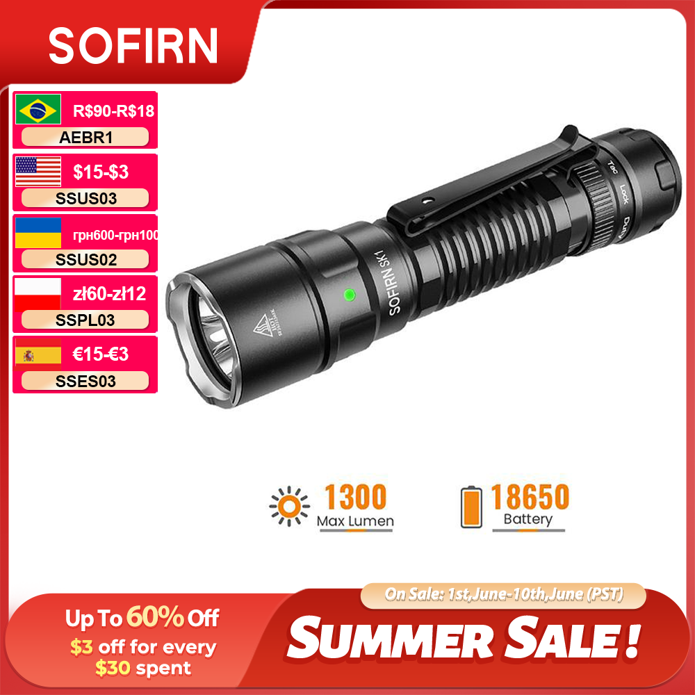 SOFIRN SK1 Tactical Flashlight 479m 1300LM EDC Rechargeable SFT25R LED Spotlight