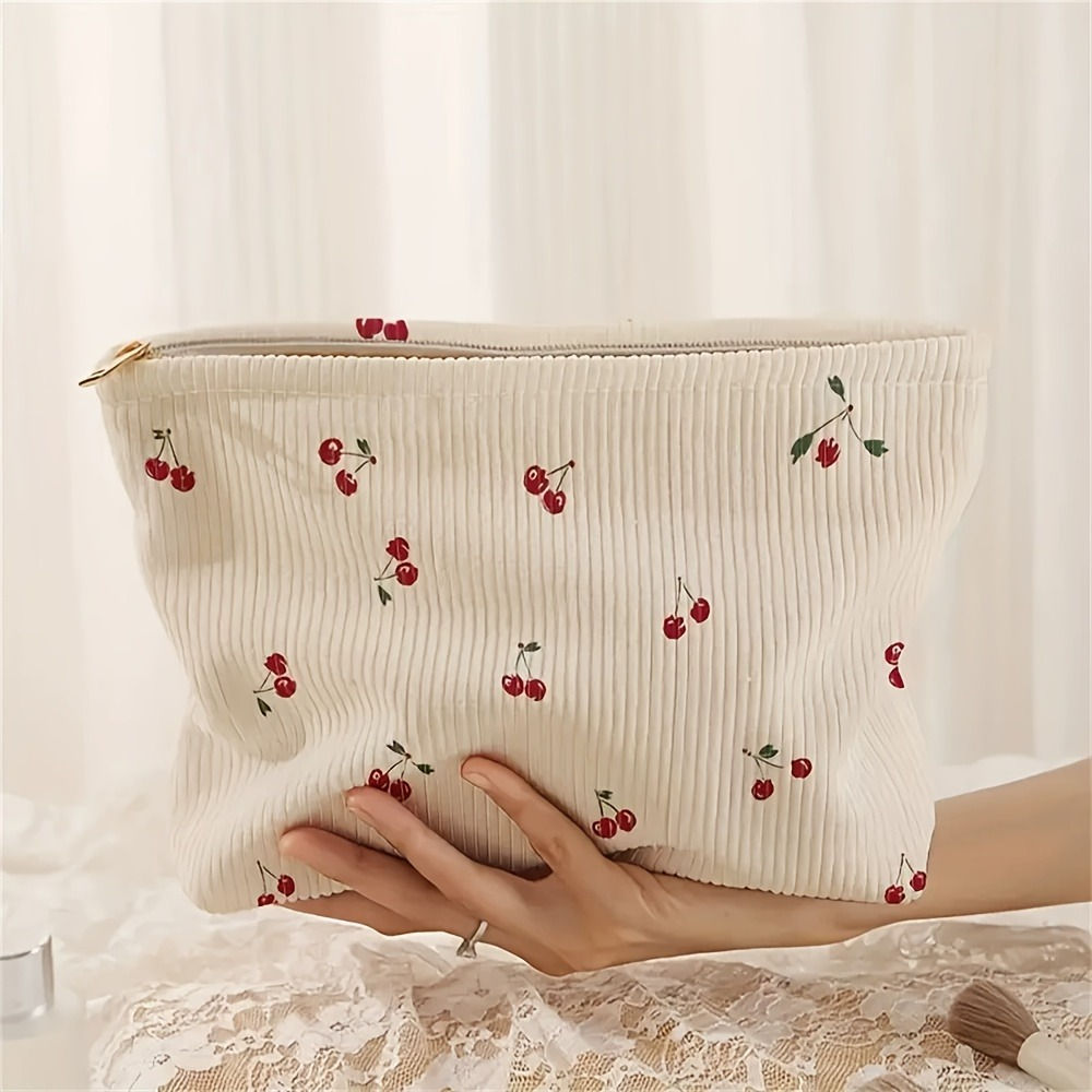 Casual Cherry Print Corduroy Zipper Pouch Makeup Bag Handbag Multifunctional Toi
