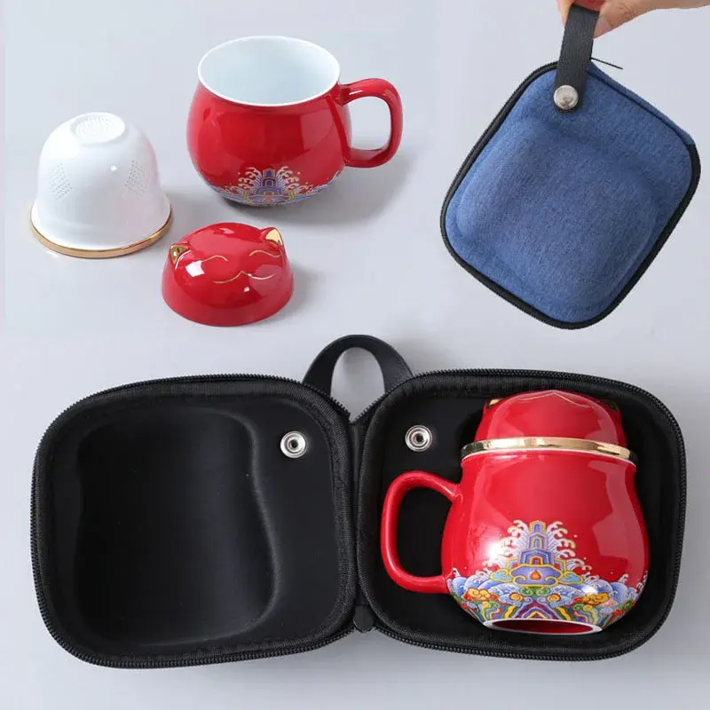 Portable Porcelain Cloisonne Tea Mugs Creative Cat Ceramic Tea Cup Set Pot with