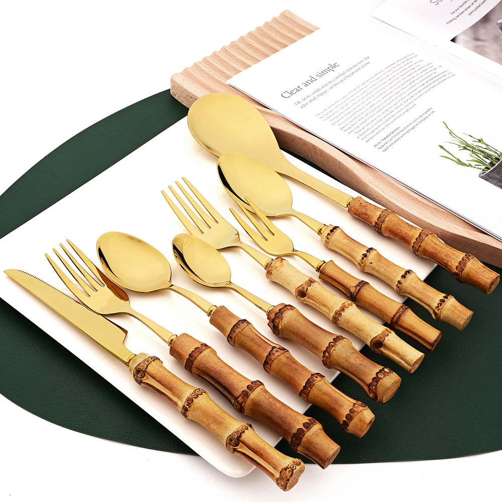 6Pcs Gold Natural Bamboo Handle 304 Dinnerware Set Stainless Steel Cutlery Set U