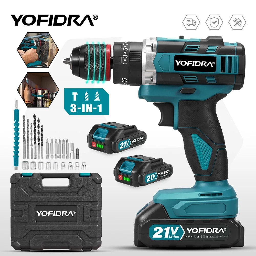 YOFIDRA 3IN1 Electric Impact Drill 25+3 Torque Handheld Cordless Impact Drill Wo