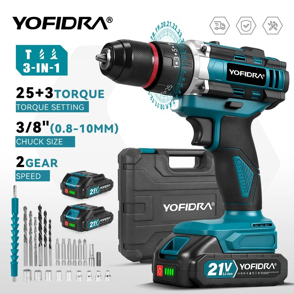 YOFIDRA Electric Impact Drill 25+3 Torque Handheld Cordless 3IN1 Impact Drill Wo