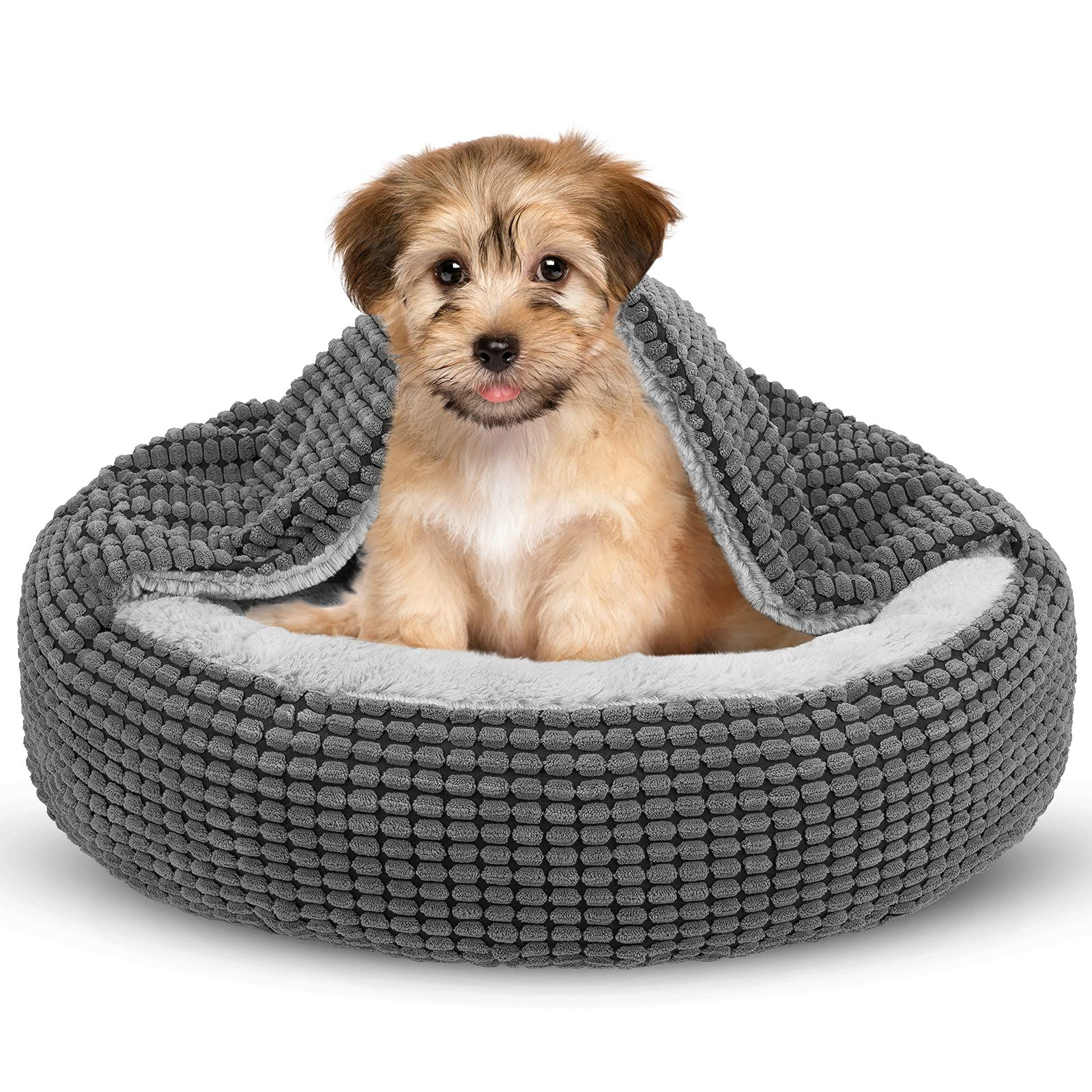 SIWA MARY Small Dog Bed with Attached Blanket Cozy Donut Cuddler Anti-Anxiety Ho