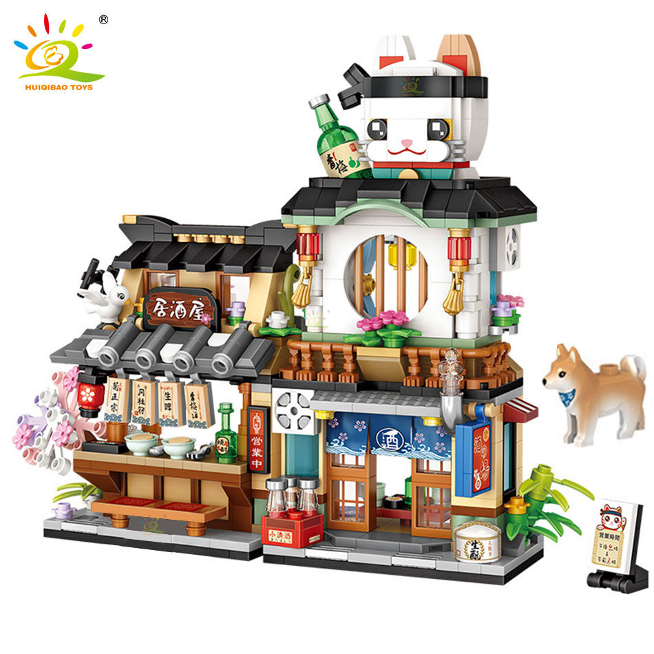 HUIQIBAO City Mini Chinese Street View Grocery Store Meat Shop Building Blocks J