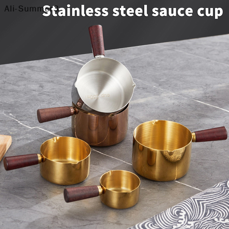 1Pcs Stainless Steel Sauce Cup Western Sauce Cup Steak Dressing Cup Wooden Handl
