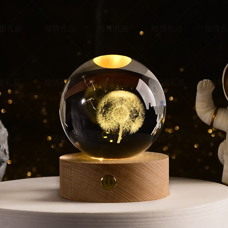 Thumbnail: 6cm Crystal Ball 3D Glass Ornaments Solar System Luminous Wooden Base Home Decor