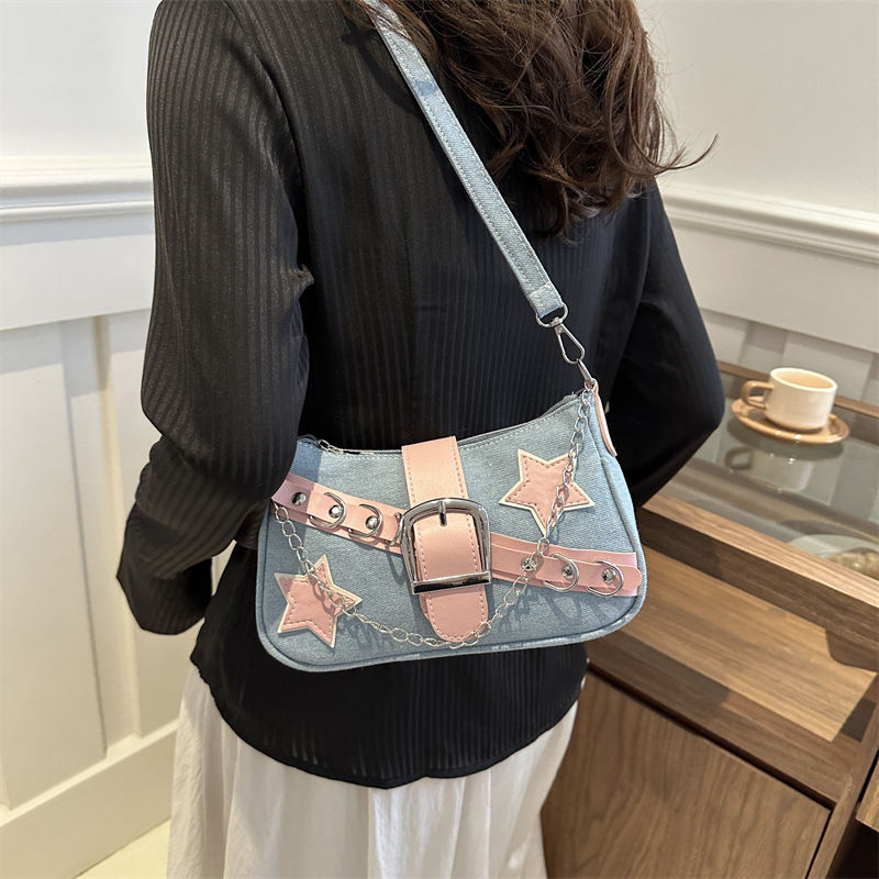 Y2k Hot Girls Denim Shoulder Bags Retro Rivet Star Women's Underarm Bag Portable