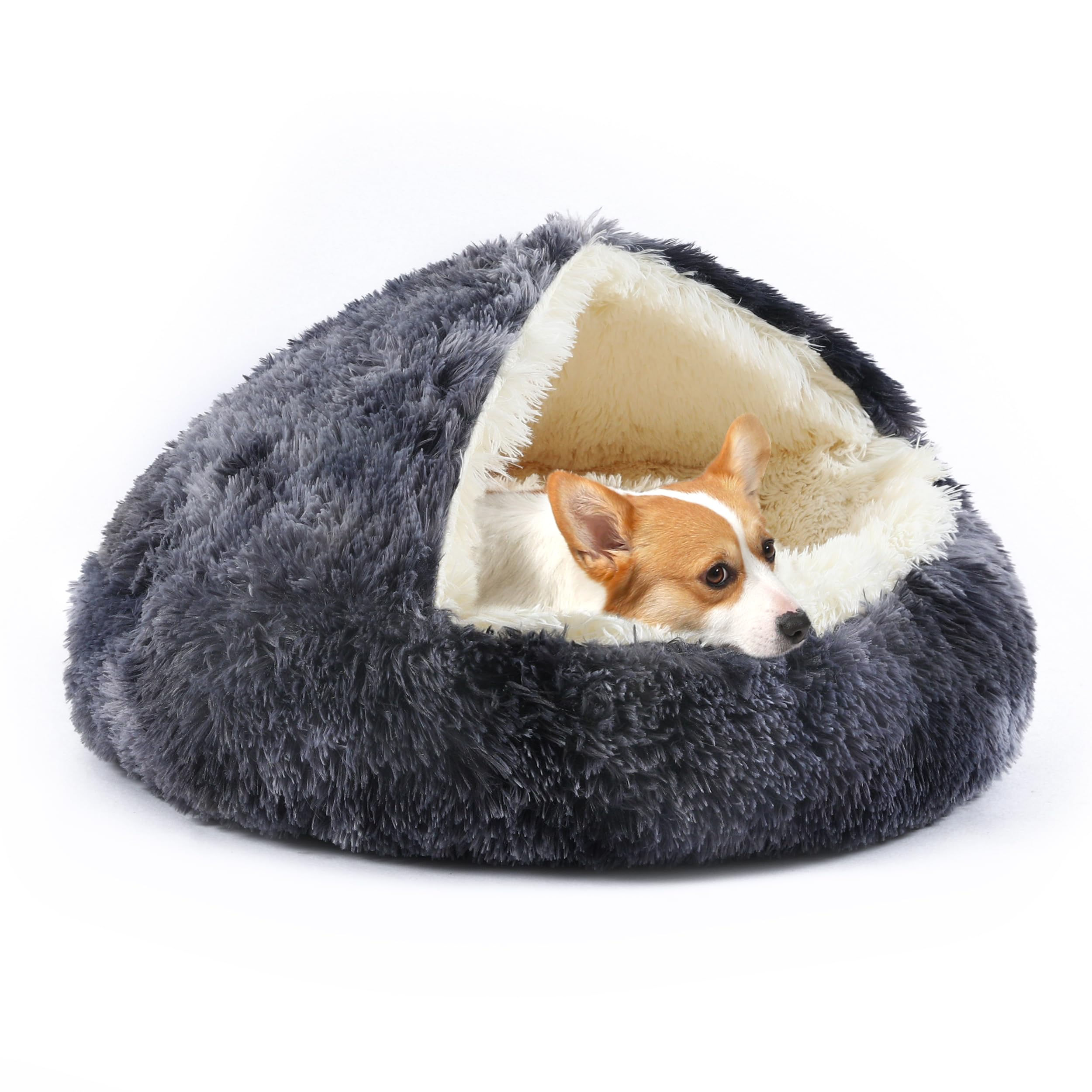 KITTYWOO Dog Bed Round Hooded Plush Cat Cave Self Warming Pet Bed Donut Anti Anx