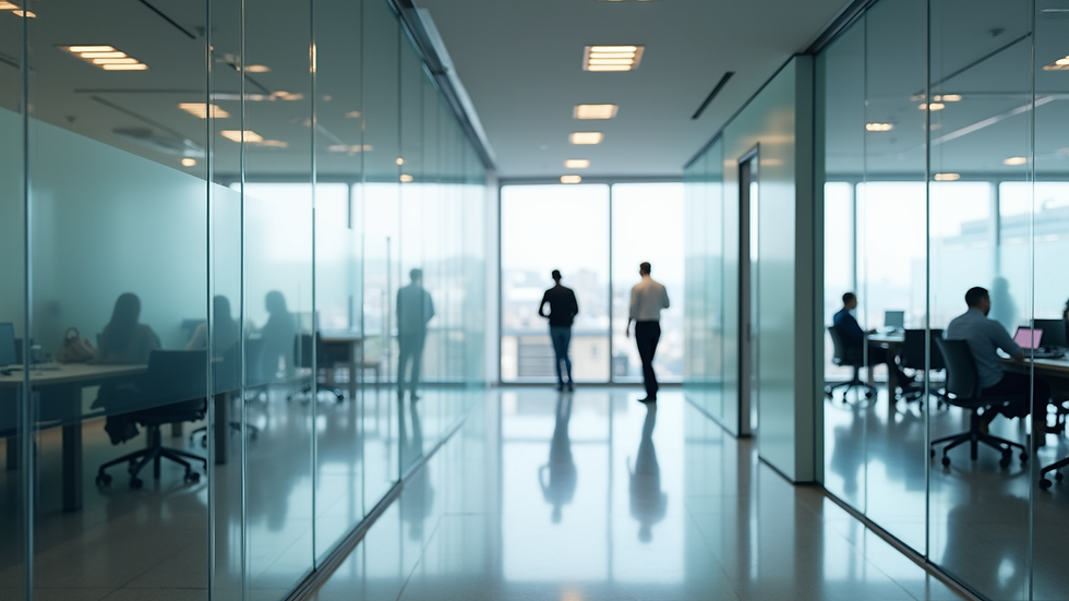 Eye-level view of modern office with smart glass partitions