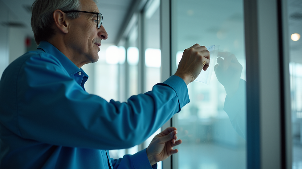 Close-up view of a technician applying smart film on a glass window