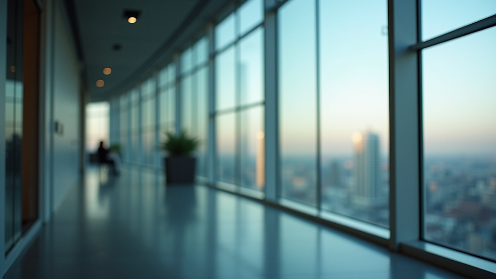 Eye-level view of a modern office window with smart film applied