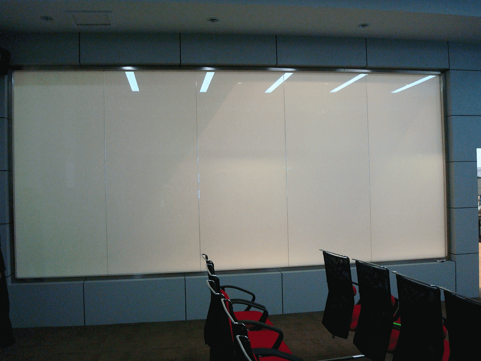 Close-up view of smart glass panel showing transparency change