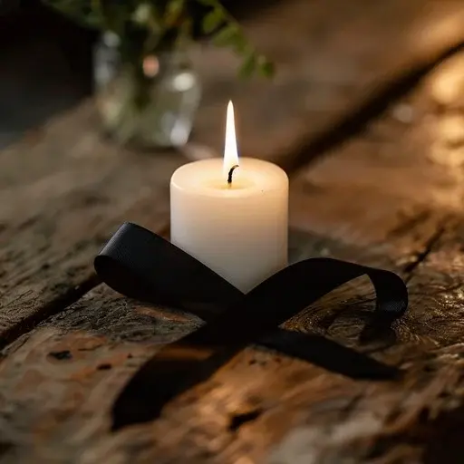 A lit candle sitting on a table with a black bow around it