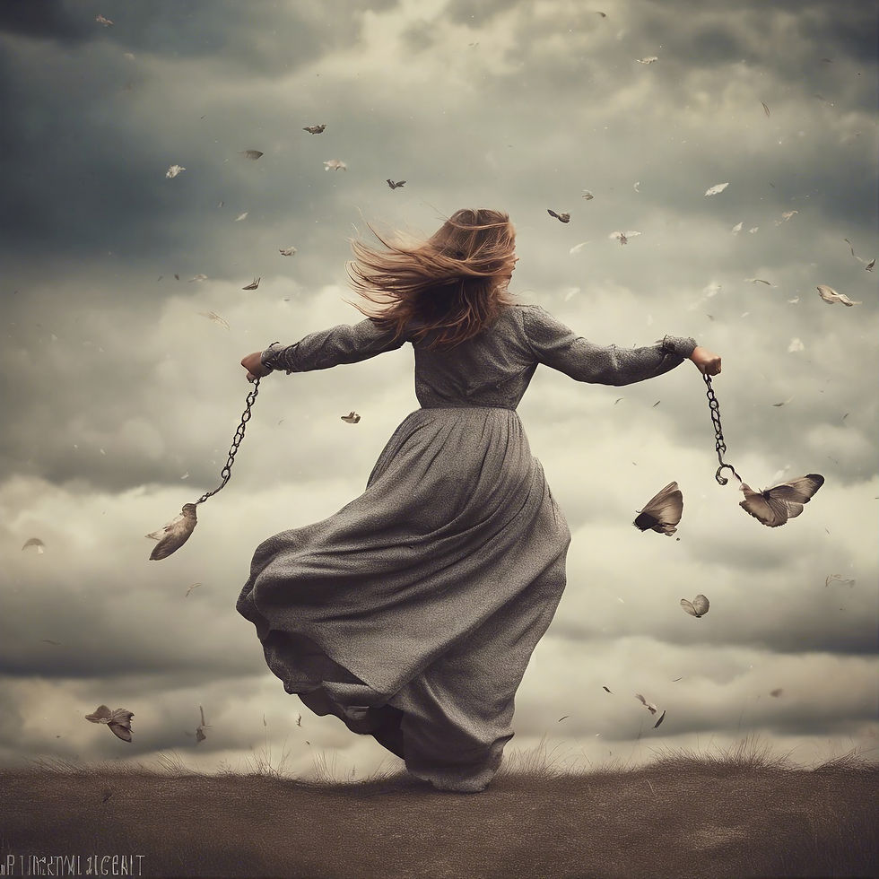 a lady breaking free from a chain that kept her captive