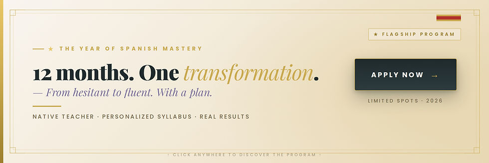 Spanish mastery program ad on beige background, with Apply Now button and text: 12 months. One transformation. Limited spots 2026.
