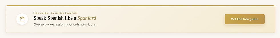 Cream banner ad with envelope icon and button; text reads Speak Spanish like a Spaniard and Get the free guide.