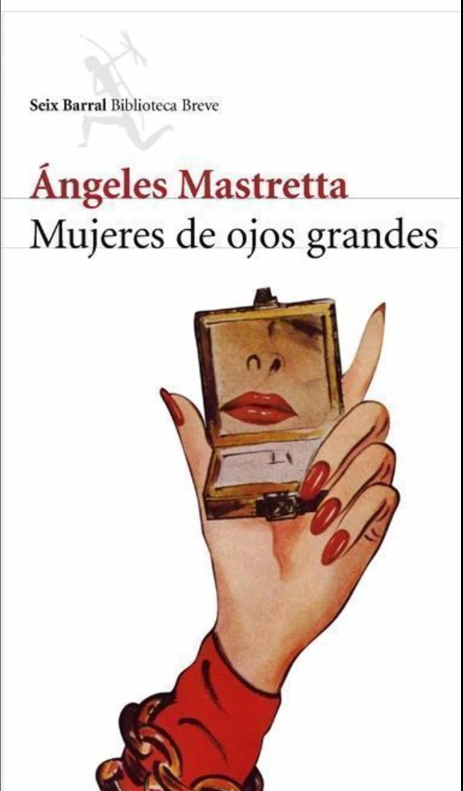 Hand with red nails holding a compact mirror. Reflection shows lips. Text: Ángeles Mastretta, Mujeres de ojos grandes. Red and white theme.