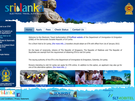 Site officiel de l’ETA Sri Lanka (eta.gov.lk), portail du Department of Immigration & Emigration permettant de faire une demande d’autorisation de voyage en ligne.