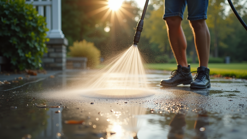 Close-up view of a pressure washer cleaning a driveway