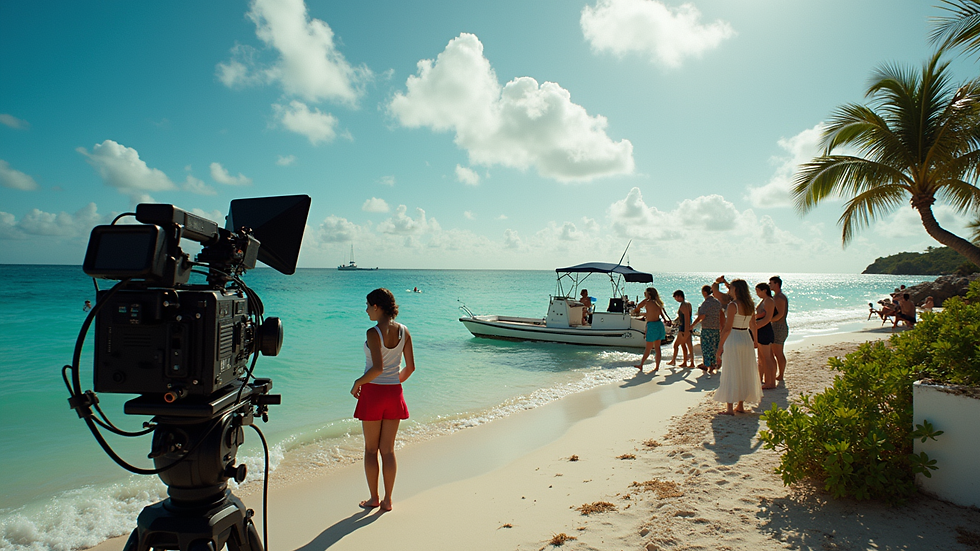 High angle view of a film set with cameras and lighting equipment on a Bahamian island