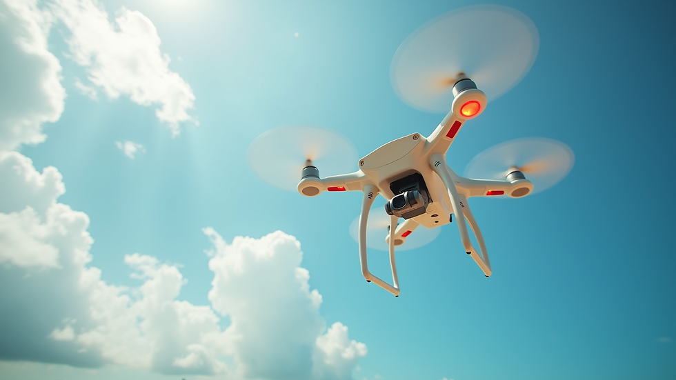 Eye-level view of drone flying over Nassau beach with clouds in the sky