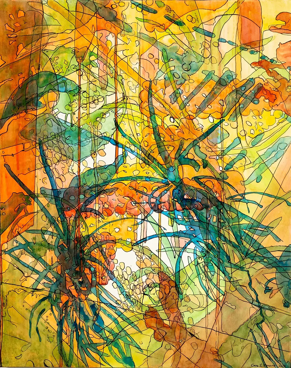 Cara Romano, In Gadi’s Living Room, watercolor and ink on canvas, 24 X 30 inches, 2024.
