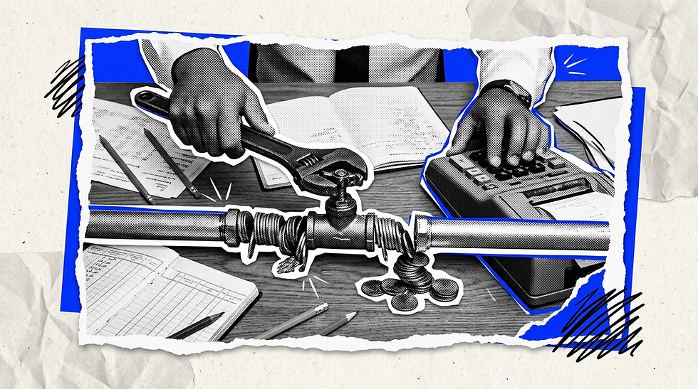 Mãos de empresário apertam cano de moedas com chave inglesa ao lado da calculadora, ilustrando gestão de custos